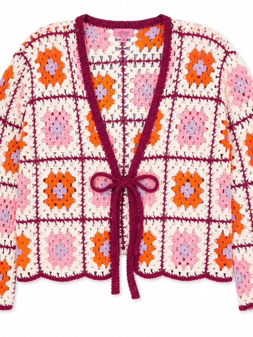 miami Crochet Patchwork Tie-Front Cardigan in Cream, Pink, Orange & Purple